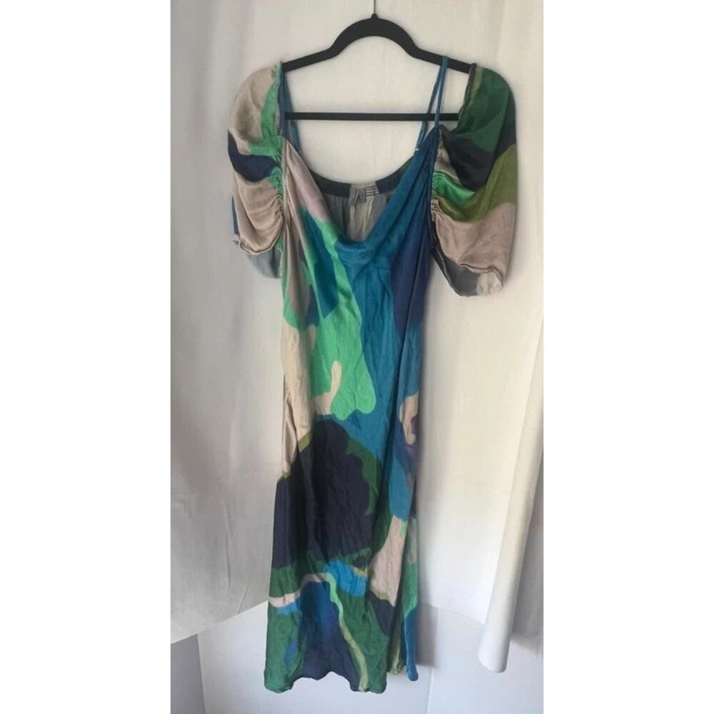 bl-nk London Blue Green Abstract Print Maxi Dress Off-Shoulder Puff Sleeve 2X